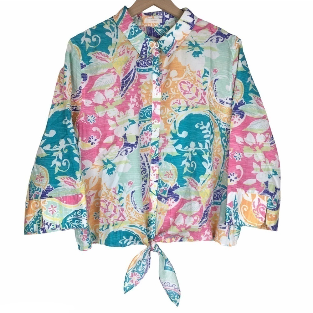 CHICO’S Shacket Top Button Front Tie Front No Iron Floral Tropical Size 16 XL